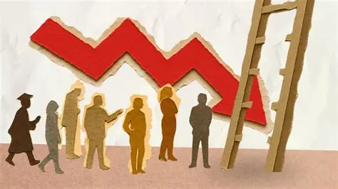 7 cardboard people next to a ladder and downward arrow, representing fewer work opportunities for young people and the reduced number of qualified workers for technical roles