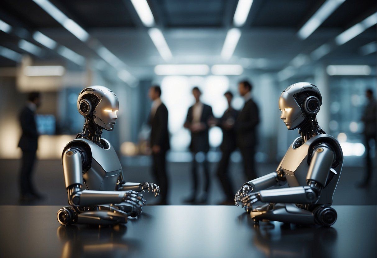two robots sitting in a conference room with other business people in the background