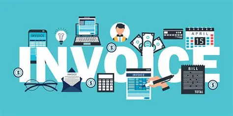 infographic about electronic invoicing elements – calculator, bills templates, calendars, laptops