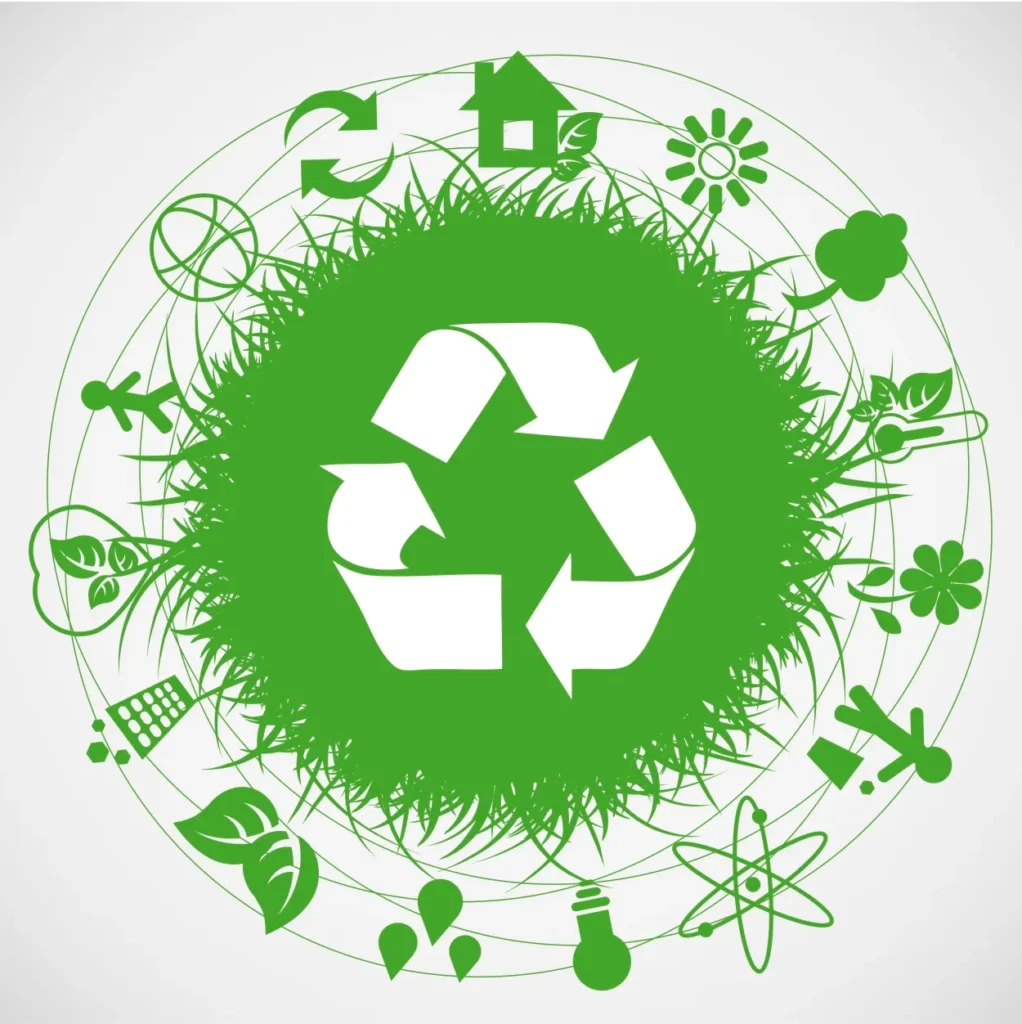 recycle symbol in the middle of a sphere surrounded by sustainable elements such as people, trees, sun, houses, temperature