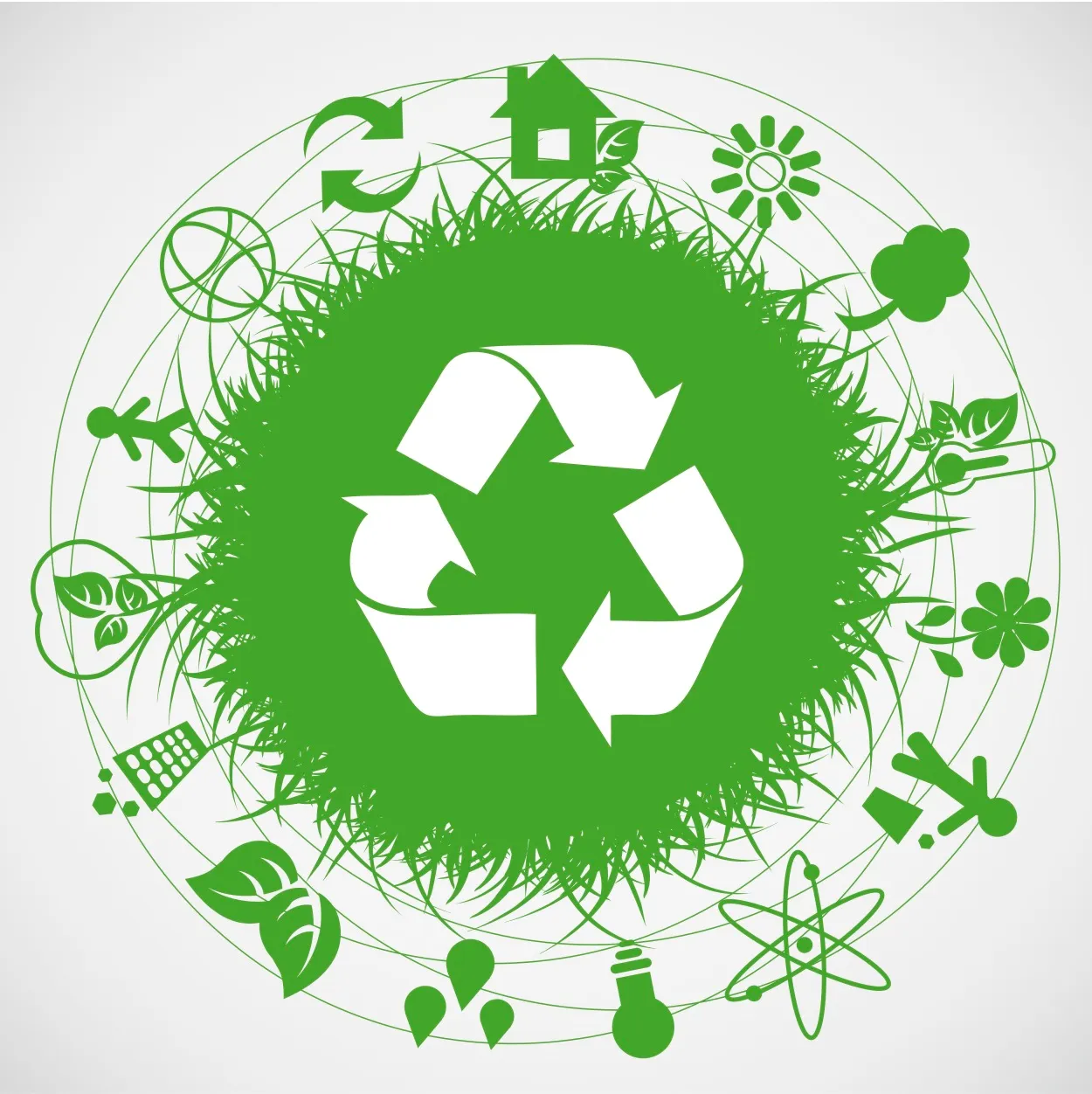 recycle symbol in the middle of a sphere surrounded by sustainable elements such as people, trees, sun, houses, temperature