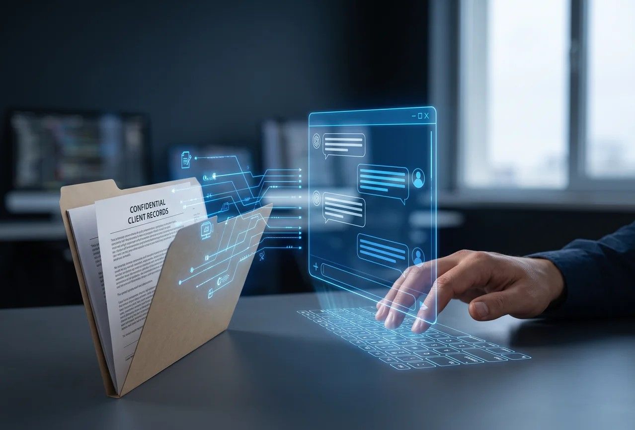 Open hand holding a glowing AI symbol labelled ChatGPT, surrounded by floating interface windows; symbolic image for handling company data in ChatGPT
